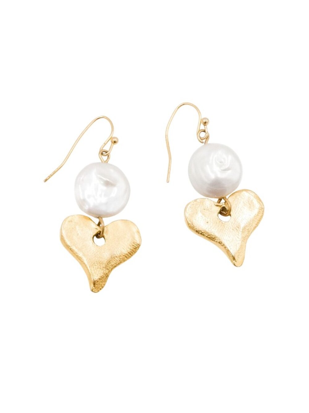 Freshwater Pearl Dangle Earrings With Gold Finished Hammered Hearts